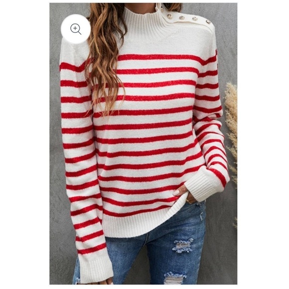 Red Cream Turtleneck Drop Shoulder Sweater Gold Buttons Casual Jumper XXL - Picture 2 of 9